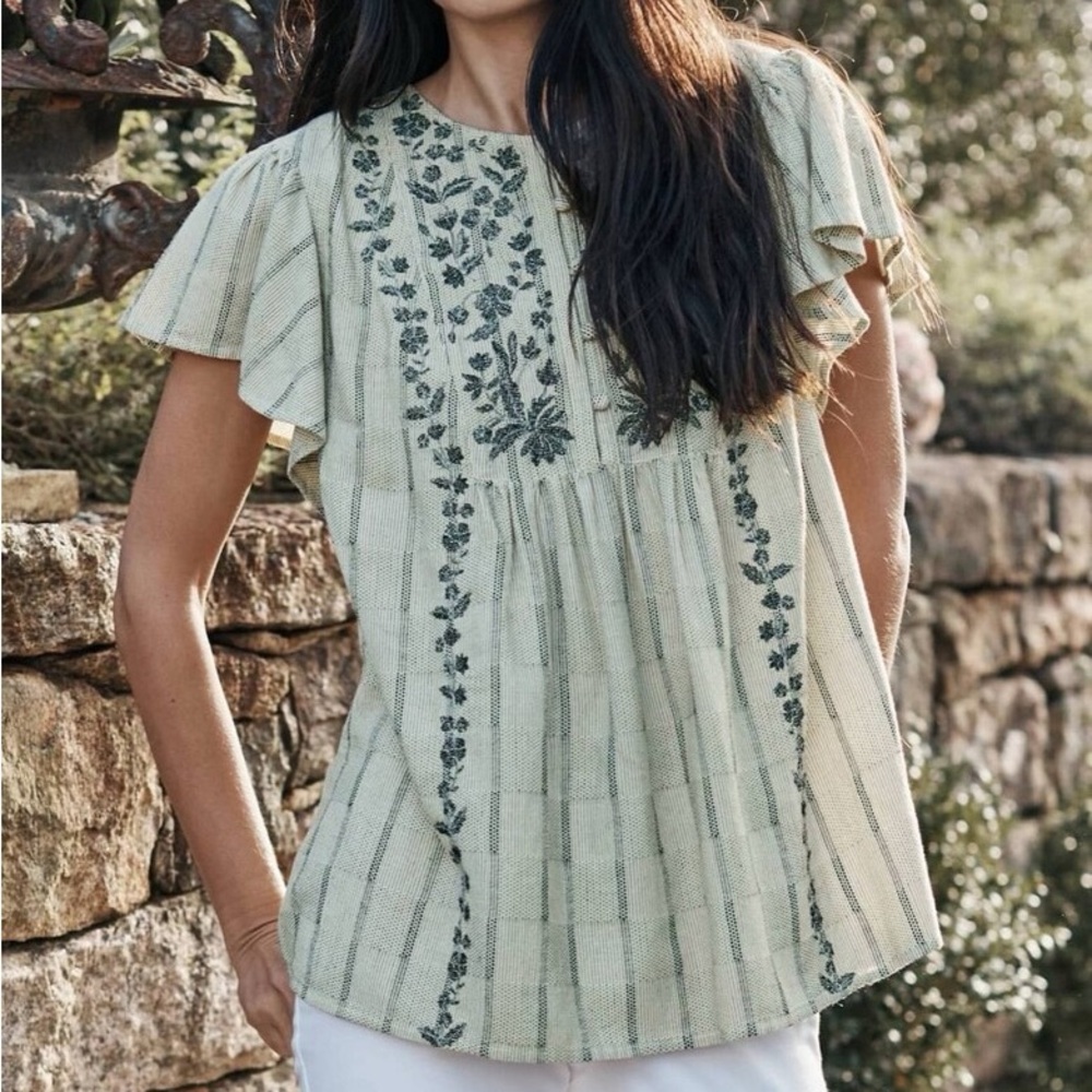 J Jill Top Babydoll Boho Peasant Flutter Sleeve Button Embroidery